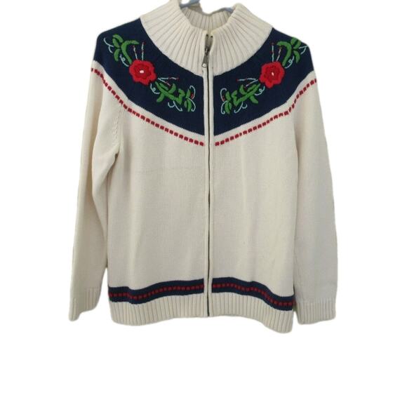 VTG MCM Talbots Red Floral Embroidered Zip Front Cardigan 100% Cotton size LP - Picture 1 of 5